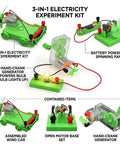 Hands On Electricity Lab Kit For Kids And Students with hand-crank generator, mini DC motor, wind-powered cart.
