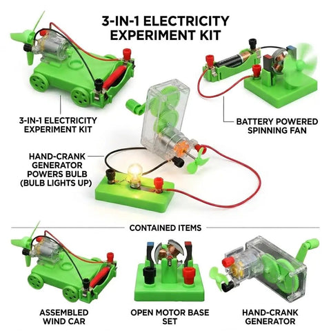 Hands On Electricity Lab Kit For Kids And Students with hand-crank generator, mini DC motor, wind-powered cart.