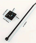 200 Piece Self Adhesive Cable Ties With Rubber Base Nylon Wire Heavy Duty Cord Organizers showing zip tie dimensions and clips.