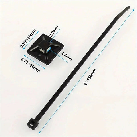 200 Piece Self Adhesive Cable Ties With Rubber Base Nylon Wire Heavy Duty Cord Organizers showing zip tie dimensions and clips.