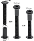100-Piece M8x50mm Furniture Bolts Kit With Black Hex Screws, Barrel Nuts, showing bolt dimensions and maximum-minimum lengths