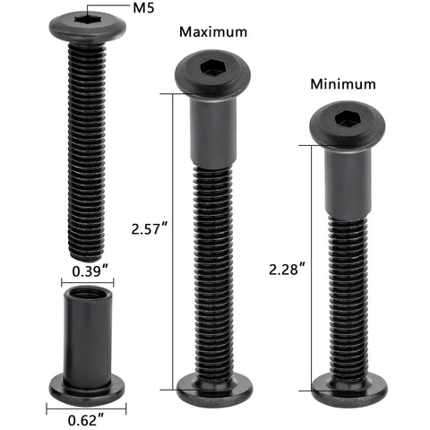 100-Piece M8x50mm Furniture Bolts Kit With Black Hex Screws, Barrel Nuts, showing bolt dimensions and maximum-minimum lengths