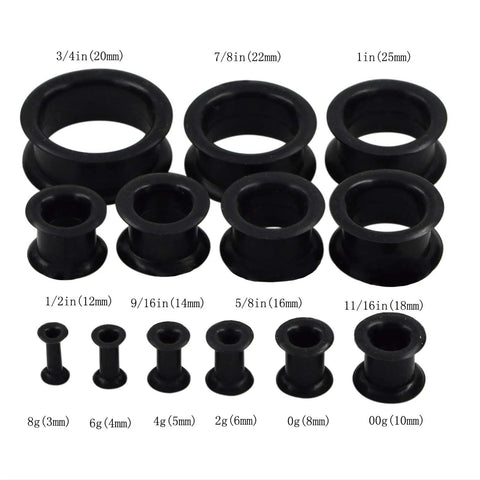 Set of black silicone ear tunnels from 8G to 1 inch, part of the 26 Piece Silicone Ear Tunnels Set 8G To 1 Inch Hollow Flexible Soft Ear Stretching Kit For Sleeping, Sports, And Daily Wear Thick Black With Easy On Off Comfort And Secure Fit.