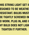 Text instructions for 30 Foot Outdoor String Lights With 10 Incandescent Sockets Dimmable Weather Resistant Black Wire