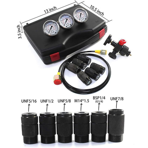 Nitrogen Accumulator Charging Kit For Hydraulic Systems, Pro Grade Nitrogen Pressure Test System With 3 Gauges And 7 Couplings, 1 Gas Hose, Easy Inflation, Accurate Multi Point Pressure Checks