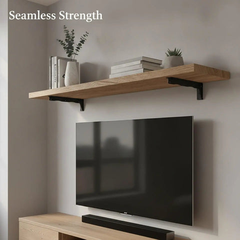 Living room setup with TV, wooden shelf, and Hidden Mount Floating Shelf Bracket For Living Room And Office in matte black