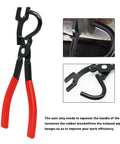 Exhaust hanger removal pliers with red grips and black metal jaw for rubber hangers