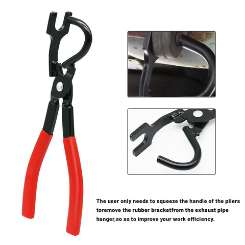 Exhaust hanger removal pliers with red grips and black metal jaw for rubber hangers