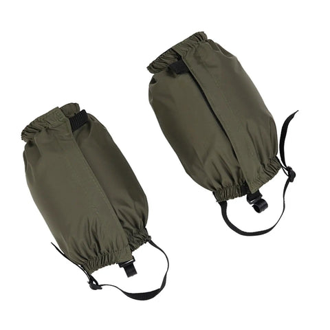 Adjustable Nylon Snow Gaiters For Men And Women, Waterproof Breathable Leg Covers, olive color, shown flat with buckle and strap details.