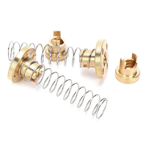 Anti Backlash T8 Brass Nut Replacement Kit With High Tension Springs for 3D Printers and CNC Mills, includes four nuts and two springs.
