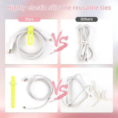 Comparison of colorful silicone cable ties set of 25 reusable high elasticity cord wraps with others, showing improved organization.