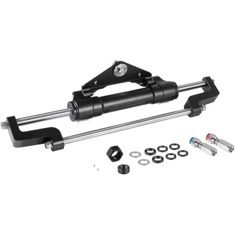 300HP Front Mount Hydraulic Outboard Steering Cylinder With Two Way Lock Valve, Aluminum Alloy, marine parts displayed