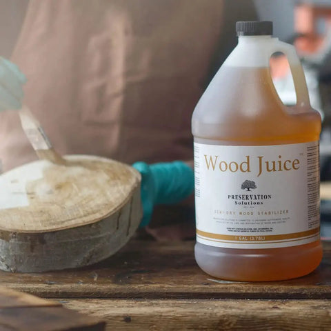 Semi-Dry Wood Stabilizer 1 Gallon For DIY Woodworkers And Carvers, Prevents Cracking And Warping, bottle next to wood slab being treated