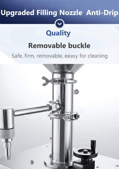 Close-up of upgraded filling nozzle with removable buckle on Top Shelf Heavy Duty Pneumatic Paste Filling Machine.