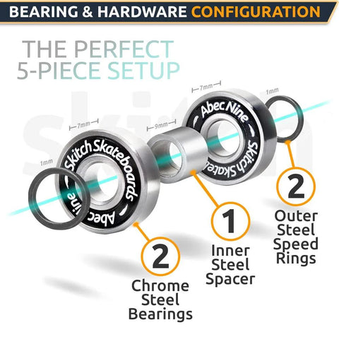 Skitch Skateboards chrome steel bearings set with 2 bearings, 1 inner spacer, 2 outer speed rings (exploded view)