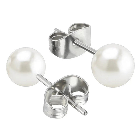 Five Pair Imitation Pearl Stud Earrings Set In 3Mm, 4Mm, 5Mm, 6Mm, And 7Mm Diameters, Hypoallergenic Surgical Stainless Steel, Nickel Free And Lead Free, Go-To Starter Earrings For Sensitive Ears, Everyday White Pearl Jewelry. White pearl stud earrings with stainless steel backs