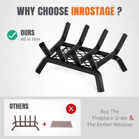 14 Inch Fireplace Log Grate With Ember Retainer Heavy Duty Steel Firewood Rack comparison showing all-in-one design.