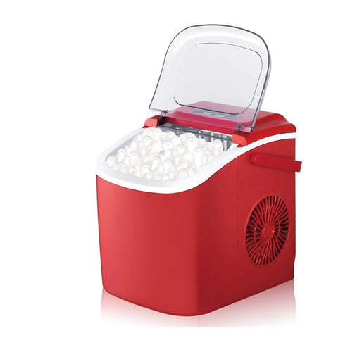 Grab And Go Countertop Pellet Ice Maker With Sturdy Handle And Single Knob Self Cleaning delivering fresh nugget ice in red design.