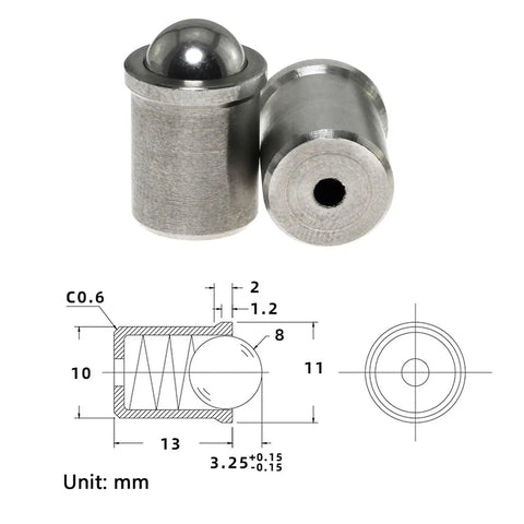 2 Pack Rugged Stainless Steel Ball Catch Plungers 10mm Diameter Rustproof Door Cabinet Closet Drawer Latch Kit next to diagram