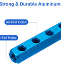 Six Way Nine Port Aluminum Air Manifold Block For One Quarter Inch Quick Connects Inline Pneumatic Splitter For Air Compressor Distribution Fitting Durable Blue with labeled air inlet and exit holes