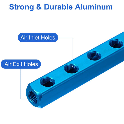 Six Way Nine Port Aluminum Air Manifold Block For One Quarter Inch Quick Connects Inline Pneumatic Splitter For Air Compressor Distribution Fitting Durable Blue with labeled air inlet and exit holes