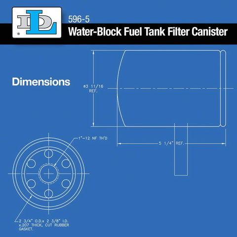 Technical diagram of Goldenrod Water Absorbing Fuel Filter Replacement Canister with 10 Micron Filtration for Gasoline Diesel Ethanol and Biodiesel.