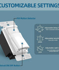 Motion Sensor Light Switch No Neutral Wire With Adjustable Sensitivity, PIR Infrared Activation, customizable settings shown
