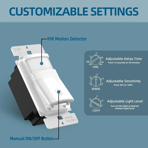 Motion Sensor Light Switch No Neutral Wire With Adjustable Sensitivity, PIR Infrared Activation, customizable settings shown
