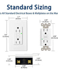 Image showing dimensions of 100 Pack 15 Amp 125 Volt Gfci Outlets With Crisp Led Indicators and weatherproof housing.