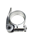 Lightweight Aluminum Bicycle Quick Release Seat Post Clamp 34.9mm Hollow Design Color Anodized Silver for Road and Mountain Bikes.