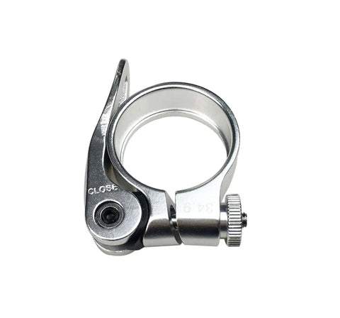 Lightweight Aluminum Bicycle Quick Release Seat Post Clamp 34.9mm Hollow Design Color Anodized Silver for Road and Mountain Bikes.