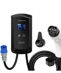 Heavy Duty Ev Charger With Type Two Connector, no fuss 32Amp Plug And Play Electric Vehicle Charging Station showing display and connectors.
