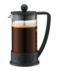 12 Ounce Brazil French Press Coffee Maker with high heat borosilicate glass carafe and black handle, filled with coffee
