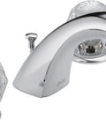 Chrome Bathroom Faucet With Pop Up Drain And Four And Three Quarters Inch Spout, Solid Brass Construction, Clear Knob Handles