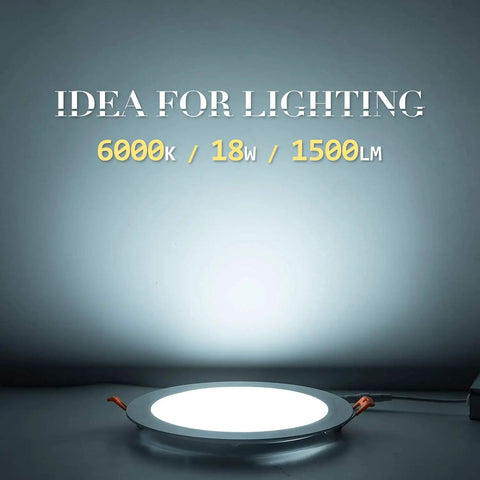 8 Inch LED Recessed Light With Junction Box, 8 Pack Ultra Thin Canless Wafer Downlight, 6000K Daylight, 18W, Non Dimmable, Slim Ceiling LED Lighting, High Brightness 1500LM, CRI80 illuminating against a grey background