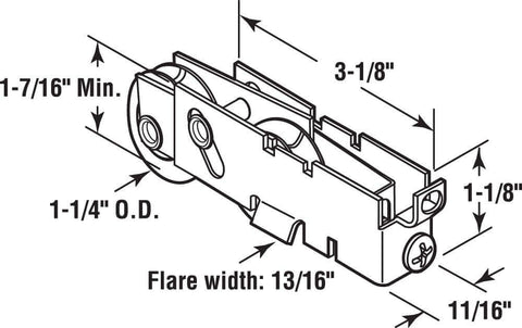 Diagram of One And A Quarter Inch Steel Sliding Door Tandem Roller Assembly With F-Tab For Patio Doors, including dimensions.
