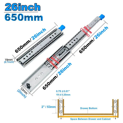 Badass Heavy Duty Full Extension Drawer Slides 26 Inch Pair with dimensions clearly shown for installation and usage.