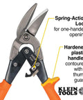 Offset Straight-Cut Tin Snips for Sheet Metal with forged blades, spring-action lock, and plastic handles for secure grip.