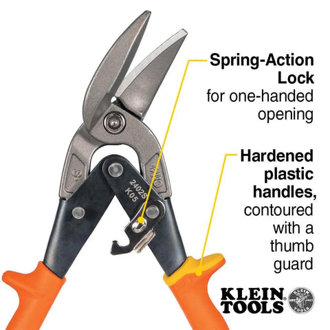 Offset Straight-Cut Tin Snips for Sheet Metal with forged blades, spring-action lock, and plastic handles for secure grip.