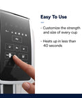 User interface of Slick One Touch Bean To Cup Espresso Maker In Crisp White with touch buttons and display.