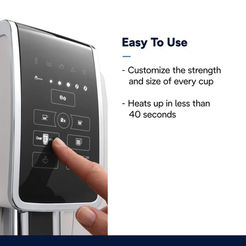 User interface of Slick One Touch Bean To Cup Espresso Maker In Crisp White with touch buttons and display.
