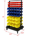 90 Bin Storage Rack With Locking Casters For Garage And Workshop, Double-Sided Tool Organizer, colorful bins, black frame