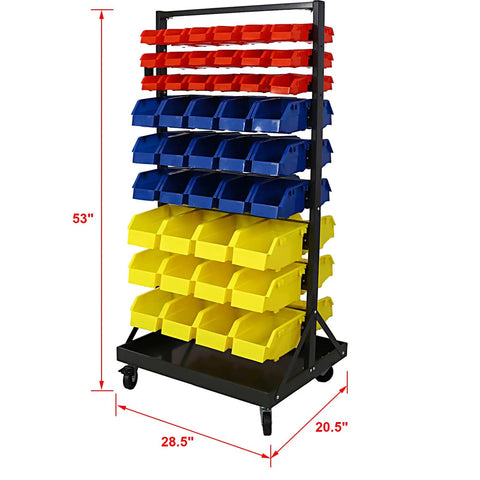 Heavy Duty Double Sided Storage Rack Featuring Ninety Polypropylene Bins Plus Visible Label Tabs Designed For Garage Tool Organization Built With A Rock Solid Steel Frame Equipped With Smooth Rolling Locking Casters For Fast Shop Setups