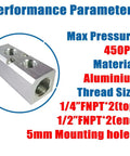 Two Way Four Port Air Manifold With Half Inch NPT Supply Port And Quarter Inch NPT Outlets Aluminum Silver Mounting Hole Heavy Duty Pneumatic Distributor For Multiple Locations Up To 450 PSI, aluminum block