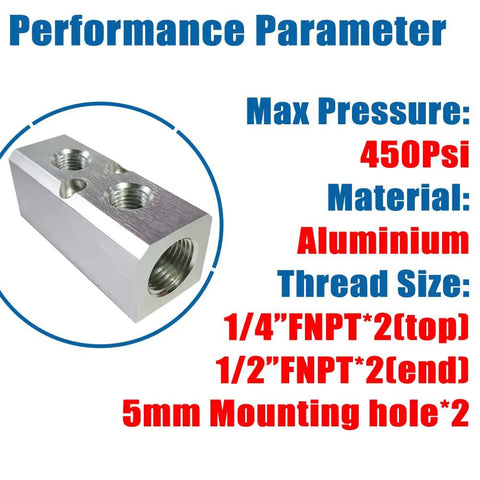 Two Way Four Port Air Manifold With Half Inch NPT Supply Port And Quarter Inch NPT Outlets Aluminum Silver Mounting Hole Heavy Duty Pneumatic Distributor For Multiple Locations Up To 450 PSI, aluminum block