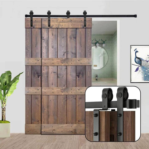 Bypass Sliding Barn Door Hardware Kit For Low Ceiling Six Point Six Feet Rail System With Overlapping Tracks For Double Doors Heavy Duty Up To 200 Lb Carbon Steel With Powder Coat Smooth Quiet Glide Rust Resistant Easy To Install installed with wooden doors