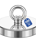 Front view of neodymium fishing magnet with ring eye bolt, chrome finish, 1000 lb pull