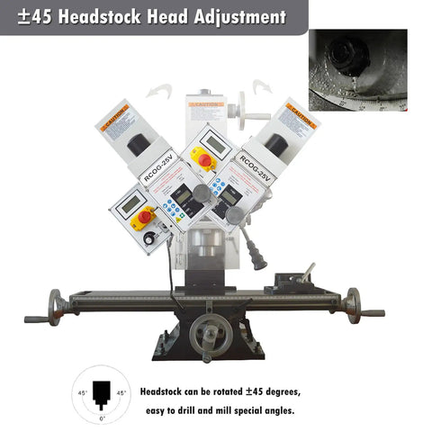 Shop Ready Mini Milling And Drilling Machine With R8 Spindle Taper And Wide Benchtop Table showing ±45 headstock adjustment feature.