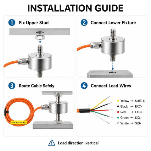 50 Kg Mini Load Cell Sensor For Tension And Compression Testing, Top Notch Precision 0.1 Percent, Stable Force Readings For Lab And Production Use, Great For Experimental Setups And Quality Control. Installation guide showing mounting, cable routing, and wire colors