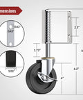 Dimensions of 4-inch adjustable wheel with brake, part of Two Pack Spring Loaded Gate Casters with 220 lbs load capacity.